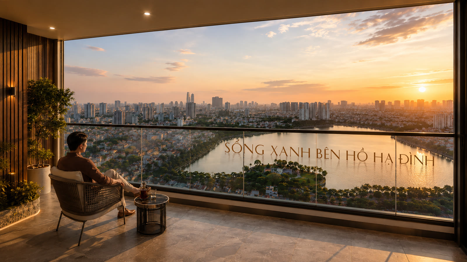 Rendering of a balcony overlooking Ha Dinh Lake at sunset