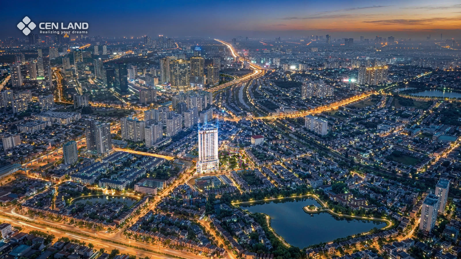 Aerial night rendering of Dong Luc Tower