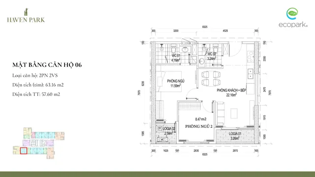 Mặt bằng Haven Park: Căn 06 · 2PN · 57,6 m² thông thủy