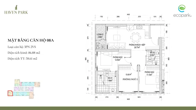 Mặt bằng Haven Park: Căn 08A · 3PN · 78,6 m² thông thủy