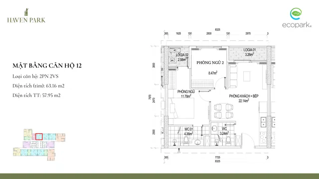 Mặt bằng Haven Park: Căn 12 · 2PN · 58,0 m² thông thủy