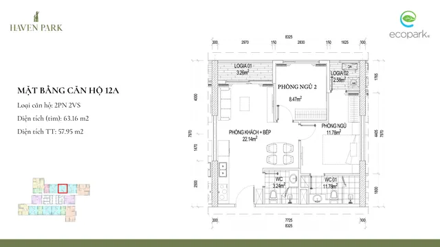 Mặt bằng Haven Park: Căn 12A · 2PN · 58,0 m² thông thủy