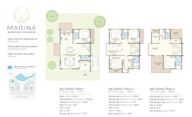 Mặt bằng Marina (Aqua Bay): Biệt thự đơn lập · đất 300–458 m²