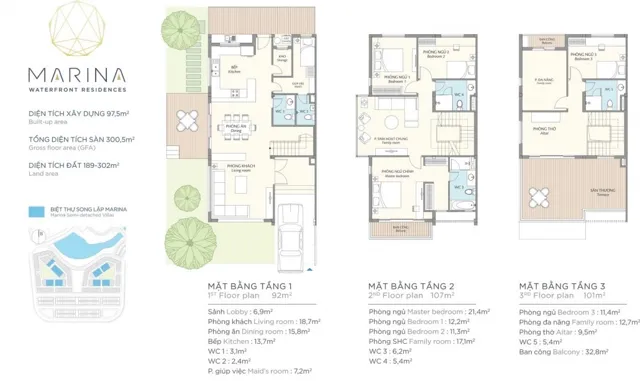 Mặt bằng Marina (Aqua Bay): Biệt thự song lập · đất 189–302 m²