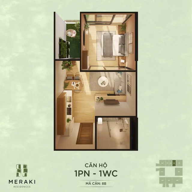 Mặt bằng Meraki (tòa M1): Căn 1PN · mã 8B