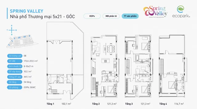 Mặt bằng Spring Valley (1C): Nhà phố góc 203 m²