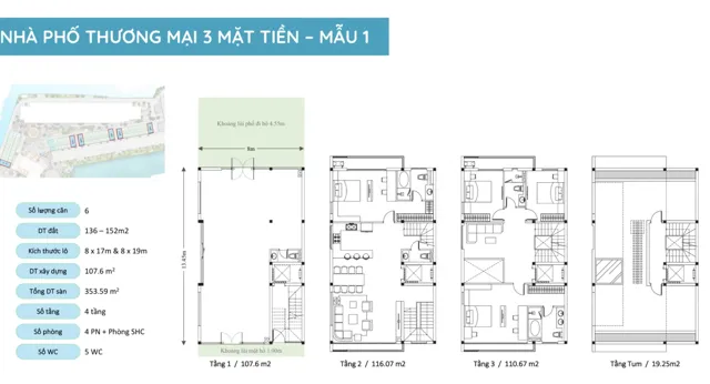 Mặt bằng Nhà phố Vịnh Đảo (Sky Oasis): 3 mặt tiền · mẫu 1