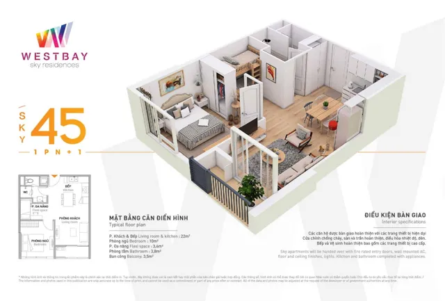 Mặt bằng West Bay: Căn Sky 45 m²
