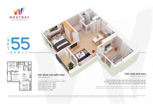 Mặt bằng West Bay: Căn Sky 55 m²