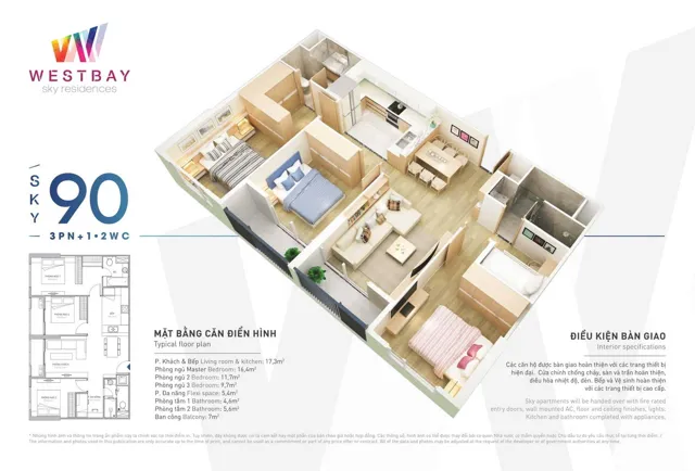 Mặt bằng West Bay: Căn Sky 90 m²