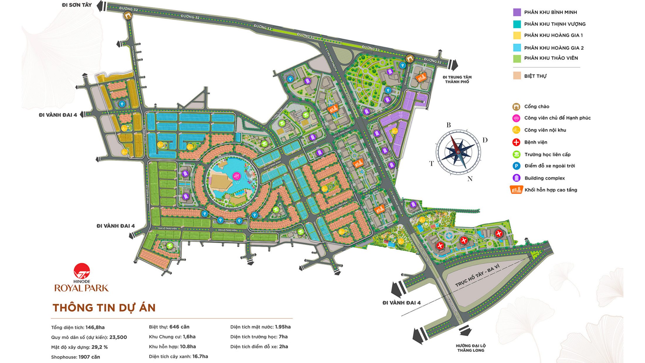 Mặt bằng tổng thể Hinode Royal Park tô màu theo phân khu