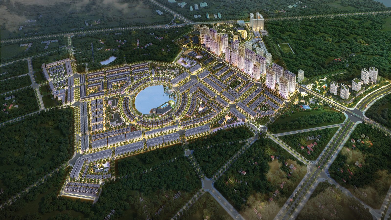 Hinode Royal Park nhìn từ trên cao về đêm