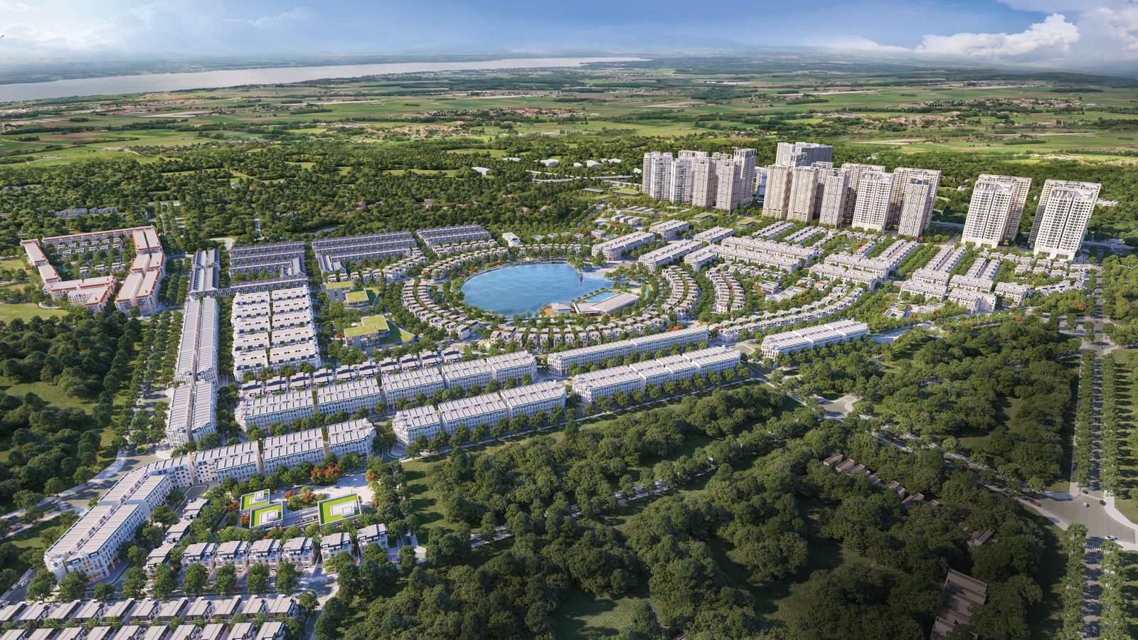 Phối cảnh toàn cảnh Hinode Royal Park với công viên hồ trung tâm